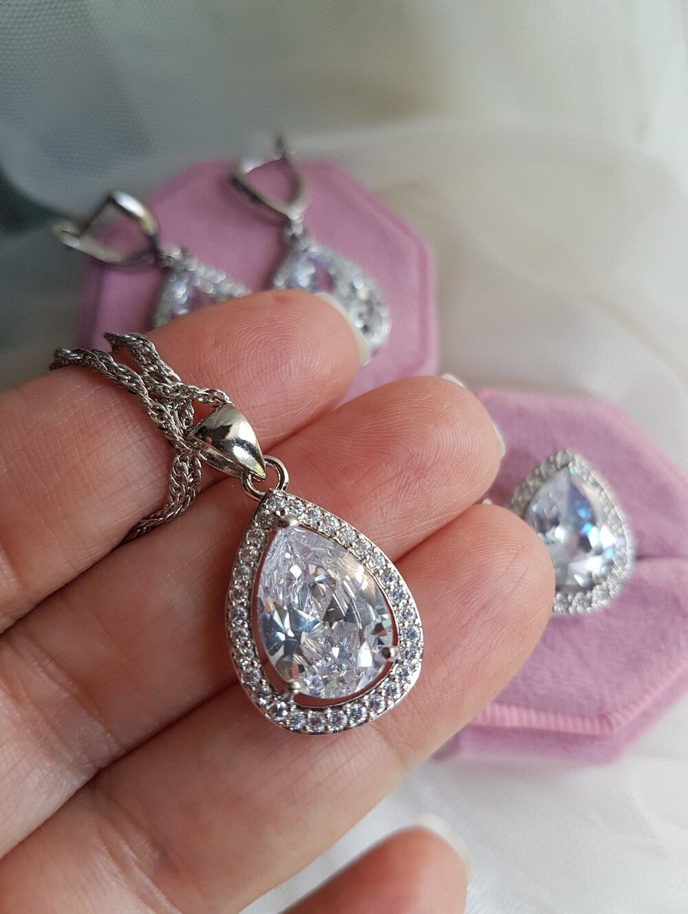 Swarovski Elements 925 Silver Large White Sapphire Teardrop Halo Earrings NEW - Picture 4 of 10